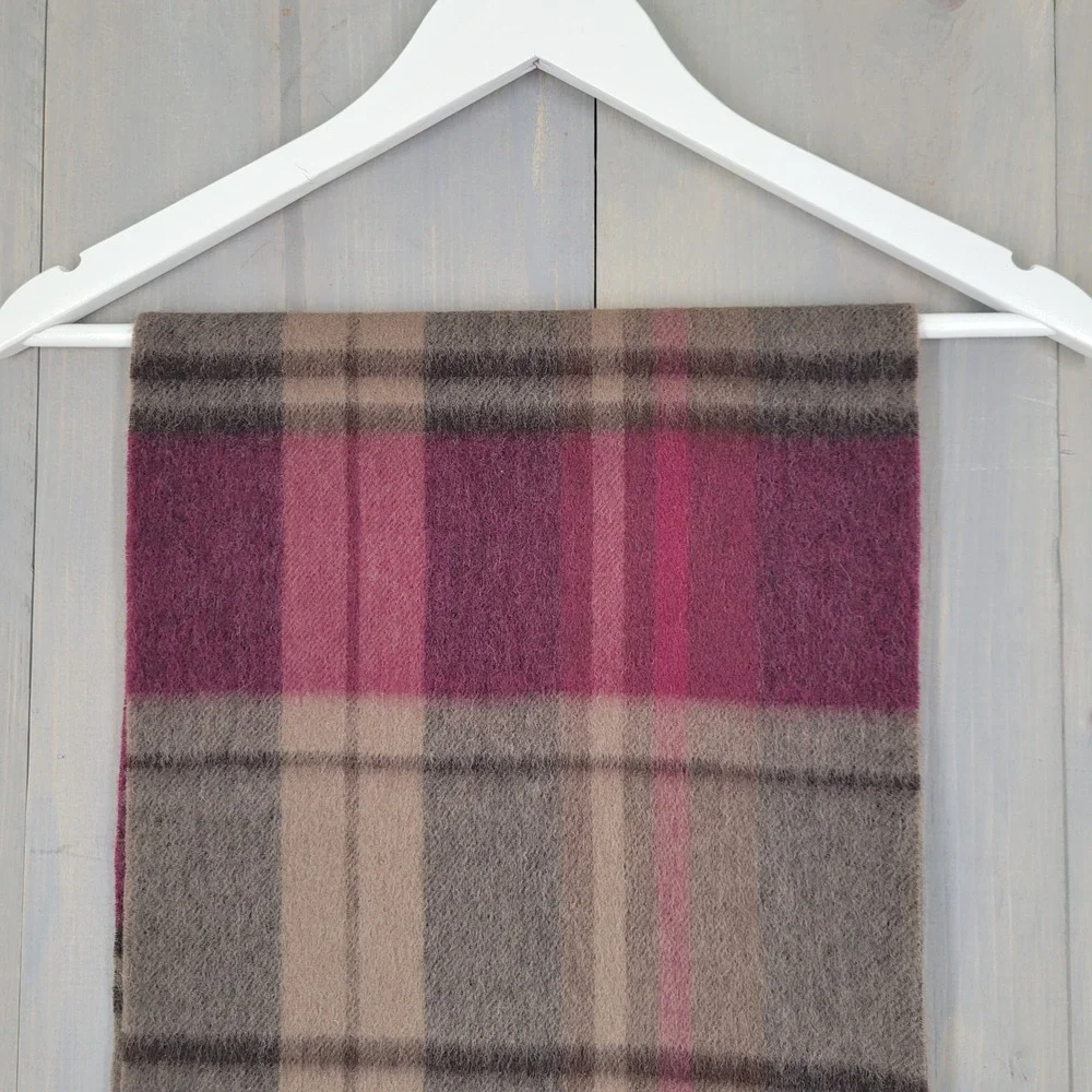 Nordstrom 100% Wool Scarf Mens Burgundy Camel Plaid Wool Fringe Winter Accessory